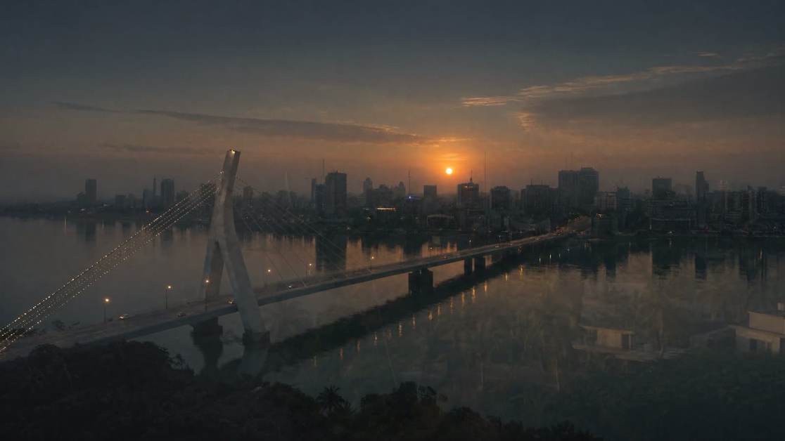 Image de synthèse. Le pont Alassane-Ouattara, la lagune et la ville derrière lui.
