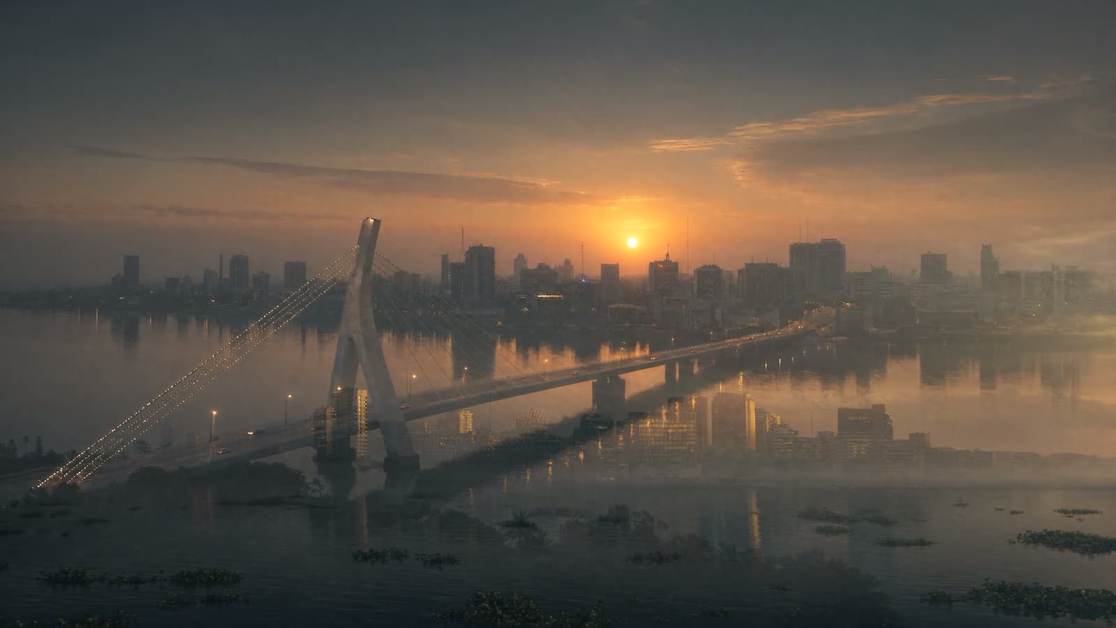 Image de synthèse. Les tours du Plateau et le pont Alassane-Ouattara, vus de la lagune au lever du jour.